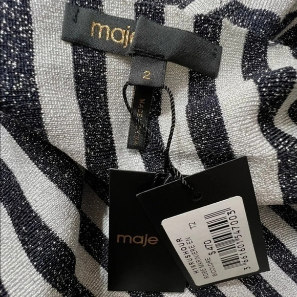 Maje black and silver striped mini dress with long drama sleeves size medium - Picture 9 of 11